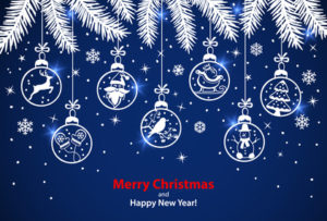 Merry Christmas and Happy New Year winter greeting card background with xmas decoration elements hanging balls on ropes on evergreen fir pine tree branches in blue and white colors